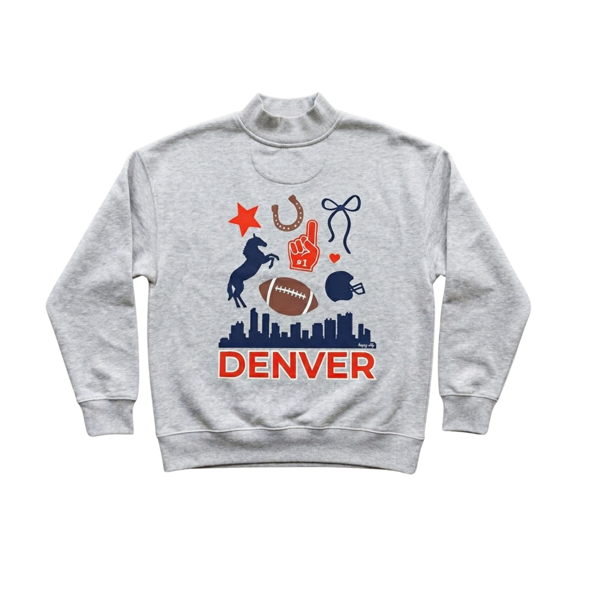 A light heather gray crewneck sweatshirt featuring a Colorado sports graphic with the word 'DENVER' in orange, including illustrations of a horse, football, horseshoe, the cityscape of denver, a football helmet, a foam finger,  and stars.