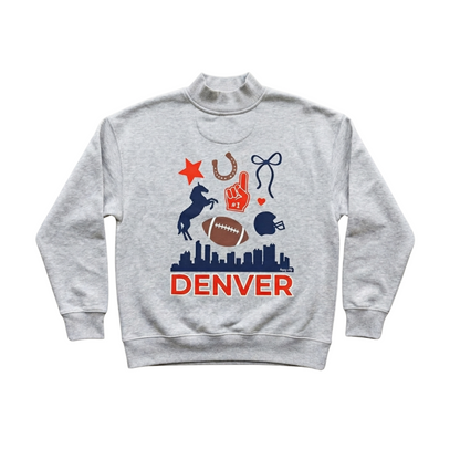 A light heather gray crewneck sweatshirt featuring a Colorado sports graphic with the word 'DENVER' in orange, including illustrations of a horse, football, horseshoe, the cityscape of denver, a football helmet, a foam finger,  and stars.