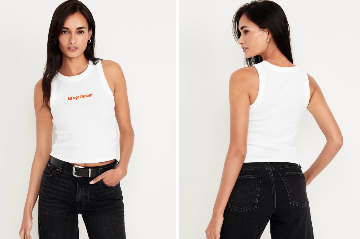 A model shown in front and back views wearing a white ribbed tank top with orange text reading 'let's go Denver!' on the chest. Snug fit, hits at the waist.