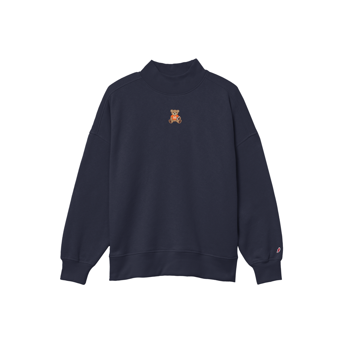 A dark navy blue crewneck sweatshirt with a small embroidered teddy bear graphic on the center chest, displayed on a clean white background.
