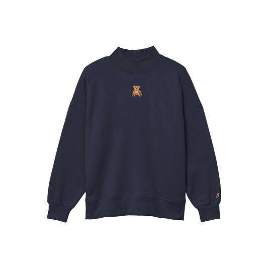 A dark navy blue crewneck sweatshirt with a small embroidered teddy bear graphic on the center chest, displayed on a clean white background.